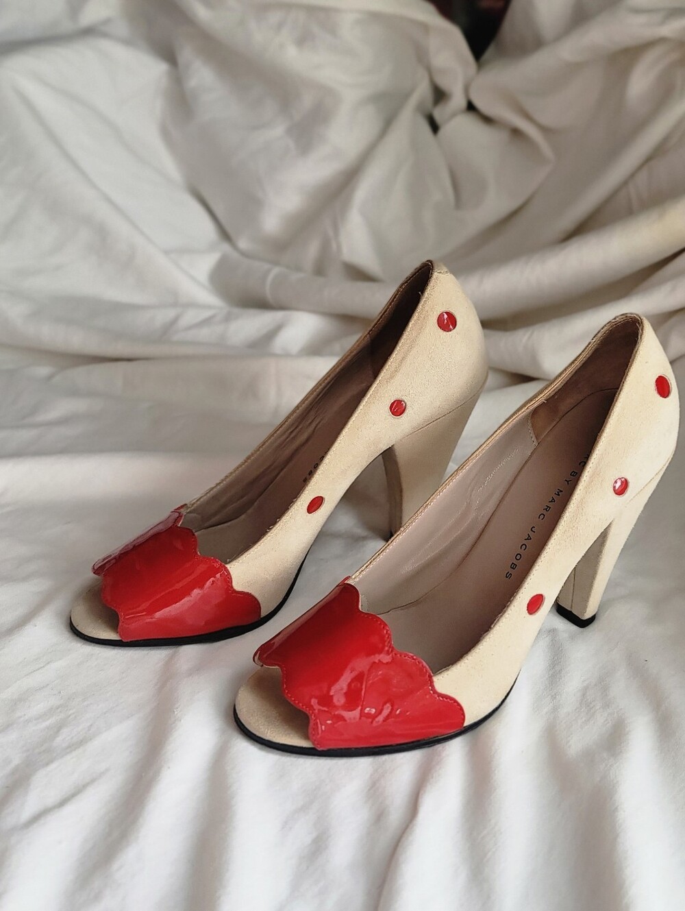 Marc by Marc Jacobs Beige Suede Heels with Red Polka Dots - Picture 3 of 13